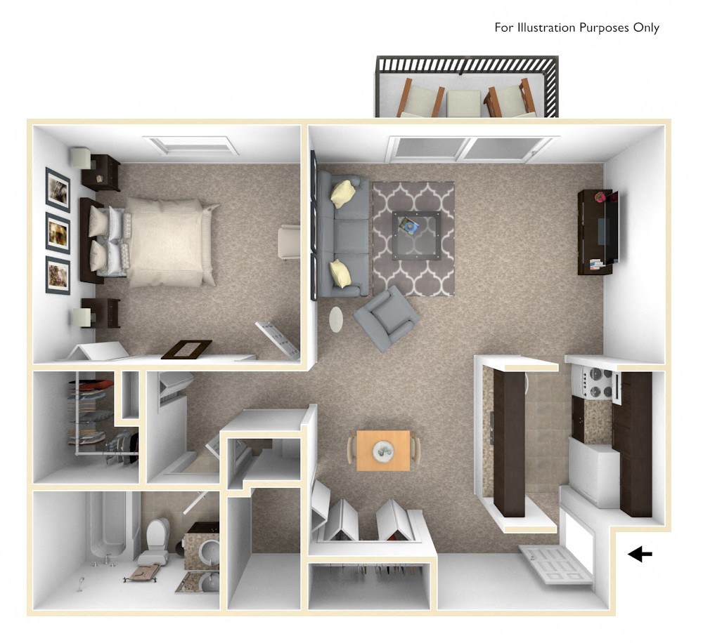 Floor plan for 1 bed, 1 bath, 768 sqft